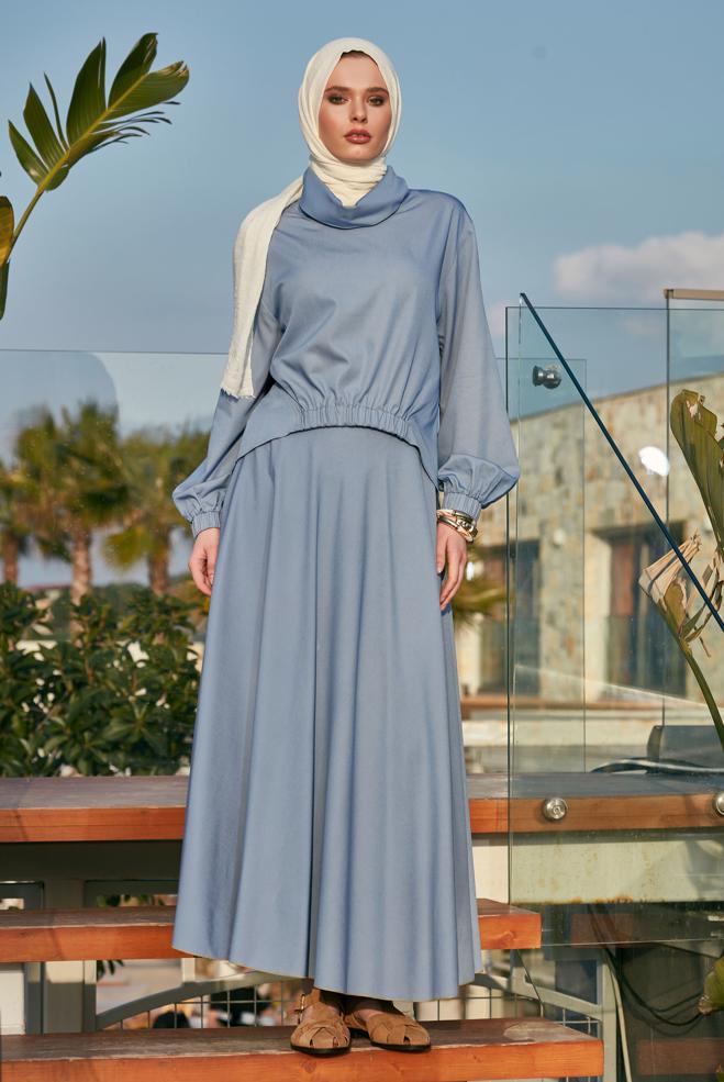Hijab-Kleidung BLAU HIJAB-ANZUG MIT ROCK 45554 - ALVİNA