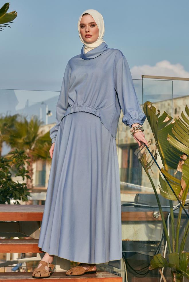 Hijab-Kleidung BLAU HIJAB-ANZUG MIT ROCK 45554 - ALVİNA