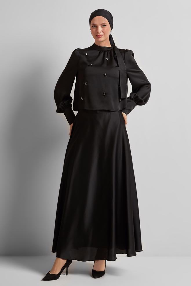 Vêtements hijab NOIR COSTUME À JUPE EN SATIN 45561 - ALVİNA