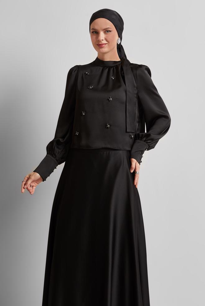 Vêtements hijab NOIR COSTUME À JUPE EN SATIN 45561 - ALVİNA