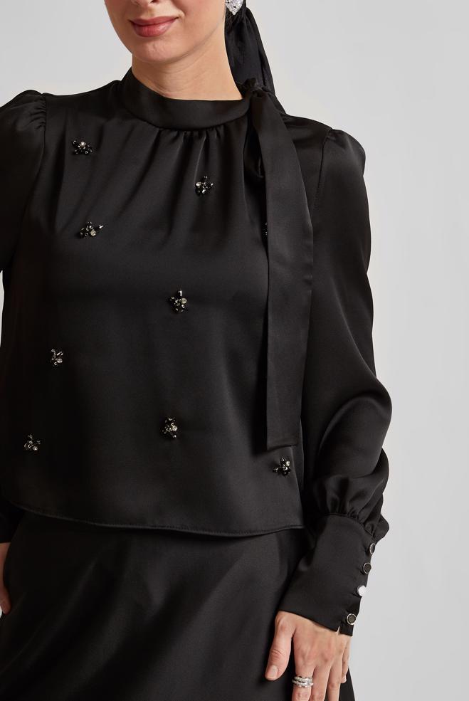 Vêtements hijab NOIR COSTUME À JUPE EN SATIN 45561 - ALVİNA