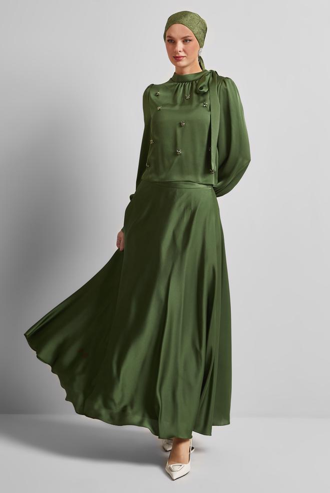 Vêtements hijab KAKI COSTUME À JUPE EN SATIN 45561 - ALVİNA