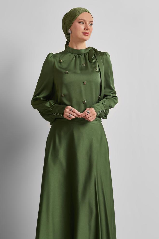Vêtements hijab KAKI COSTUME À JUPE EN SATIN 45561 - ALVİNA