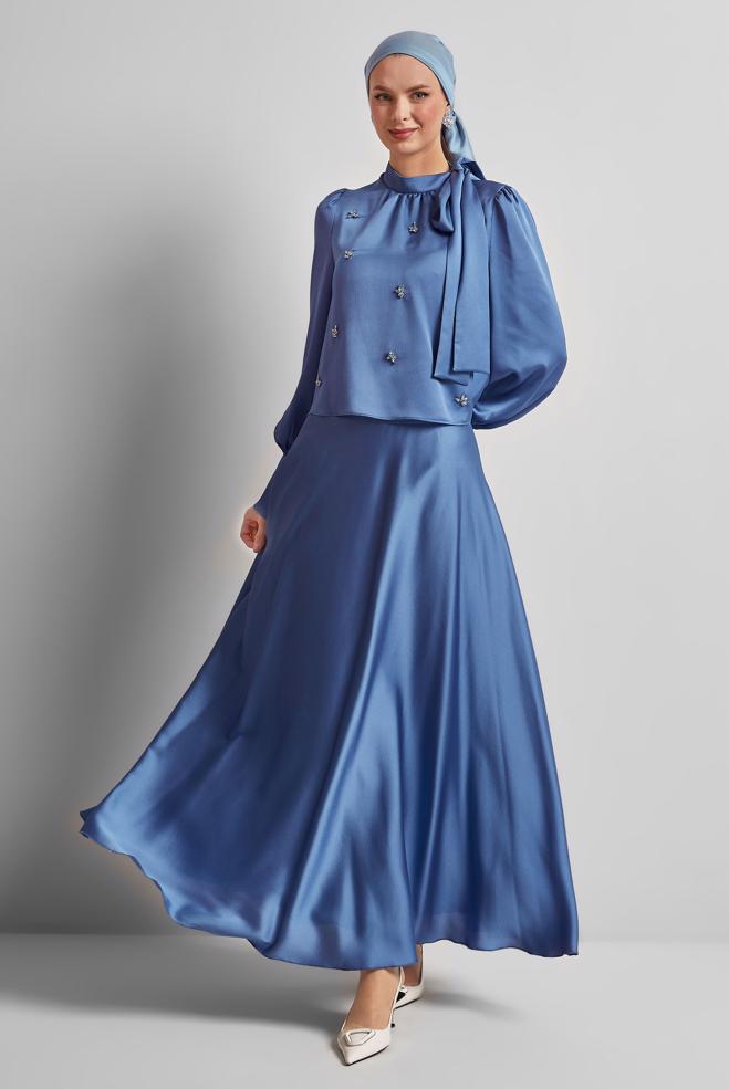 Vêtements hijab BLEU MARINE COSTUME À JUPE EN SATIN 45561 - ALVİNA