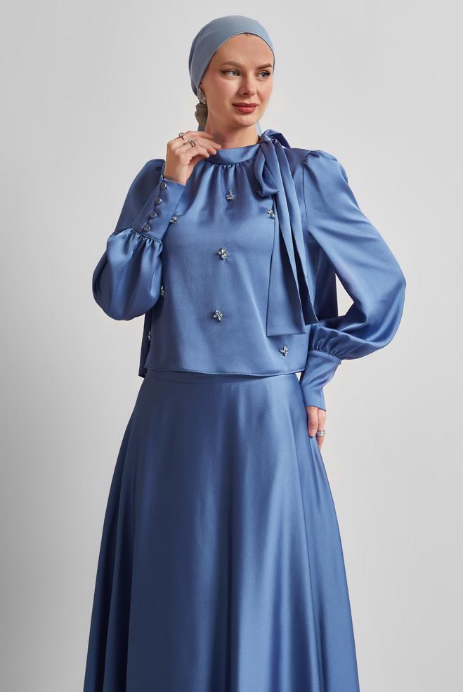 Vêtements hijab BLEU MARINE COSTUME À JUPE EN SATIN 45561 - ALVİNA