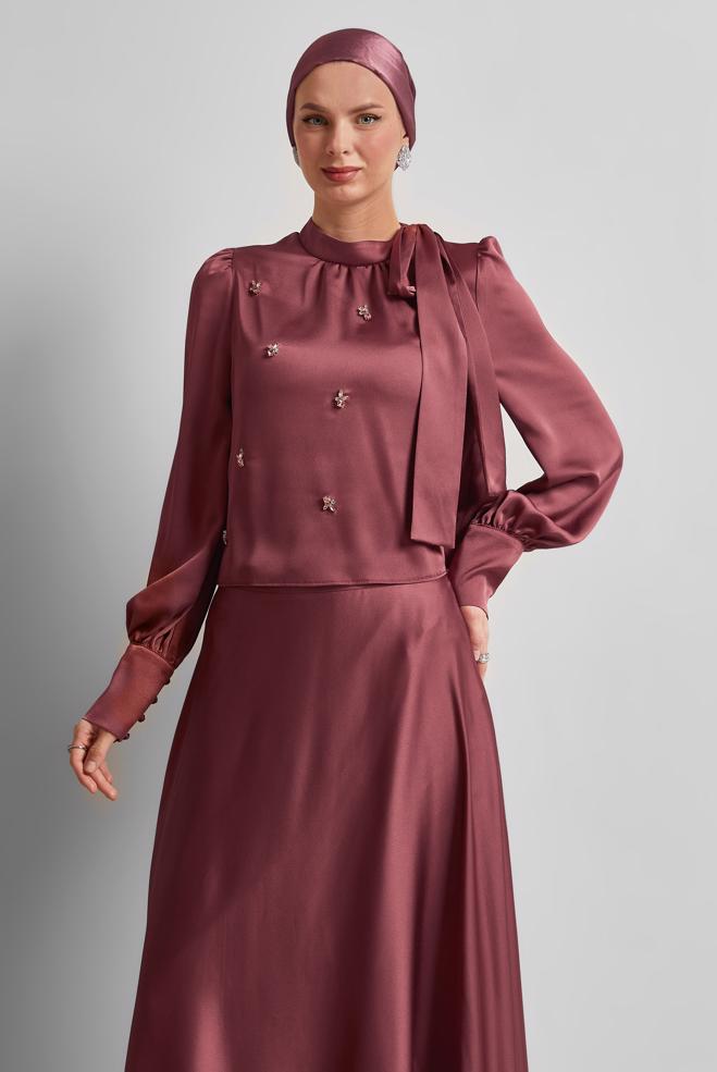Vêtements hijab BRUN COSTUME À JUPE EN SATIN 45561 - ALVİNA