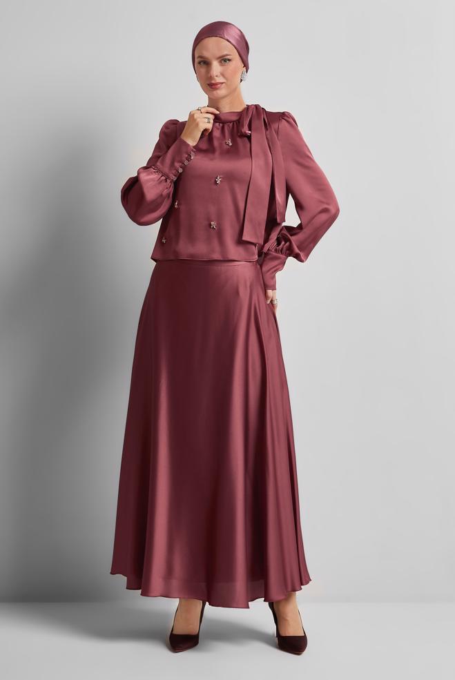 Vêtements hijab BRUN COSTUME À JUPE EN SATIN 45561 - ALVİNA