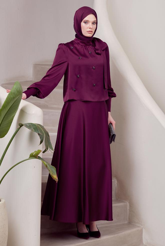 Vêtements hijab POURPRE COSTUME À JUPE EN SATIN 45561 - ALVİNA