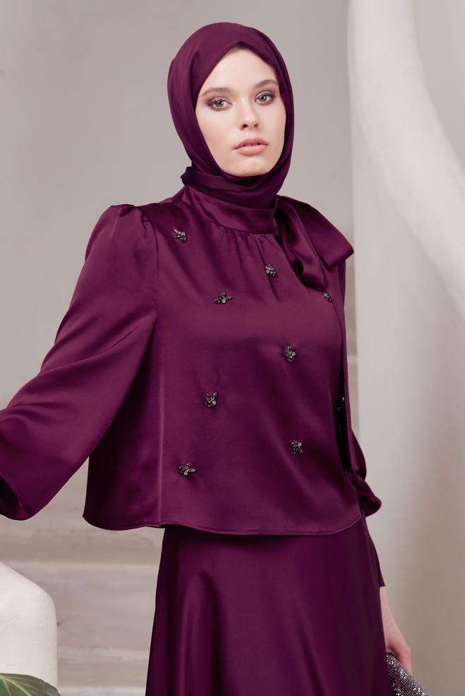 Vêtements hijab POURPRE COSTUME À JUPE EN SATIN 45561 - ALVİNA