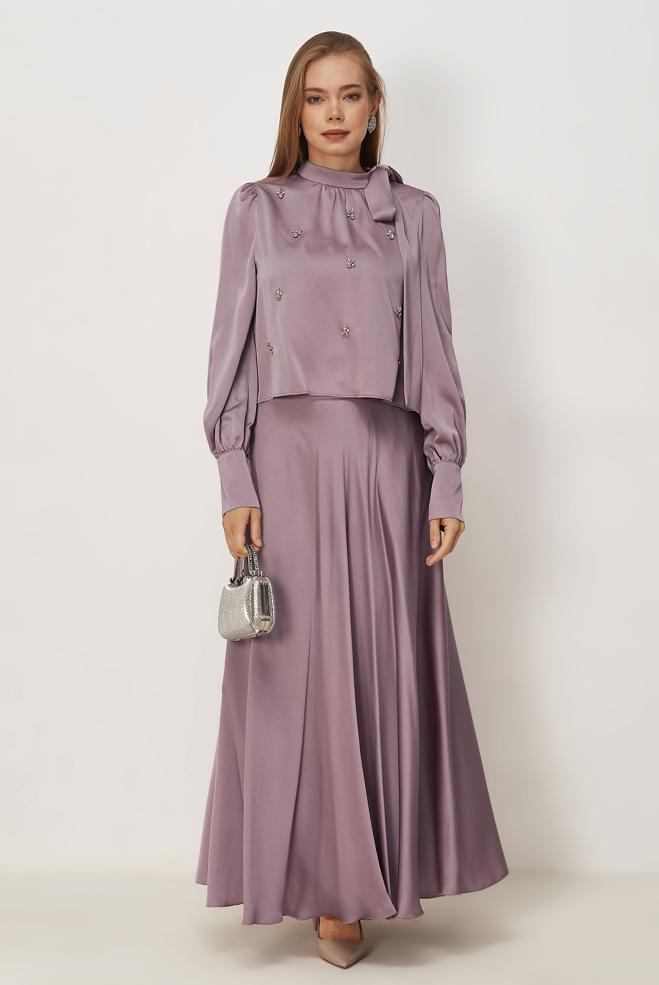 Vêtements hijab BEIGE ENSEMBLE JUPE EN SATIN 45561 - ALVİNA