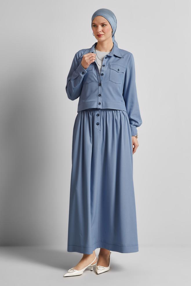 Hijab-Kleidung BLAU ANZUG MIT ROCK UND KNÖPFEN 45564 - ALVİNA