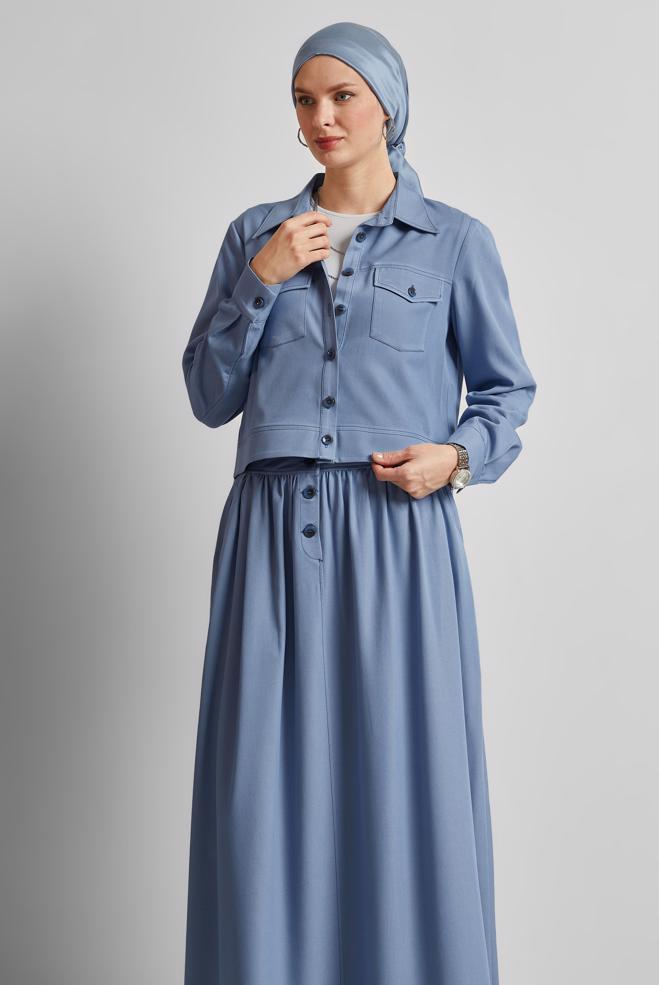 Hijab-Kleidung BLAU ANZUG MIT ROCK UND KNÖPFEN 45564 - ALVİNA