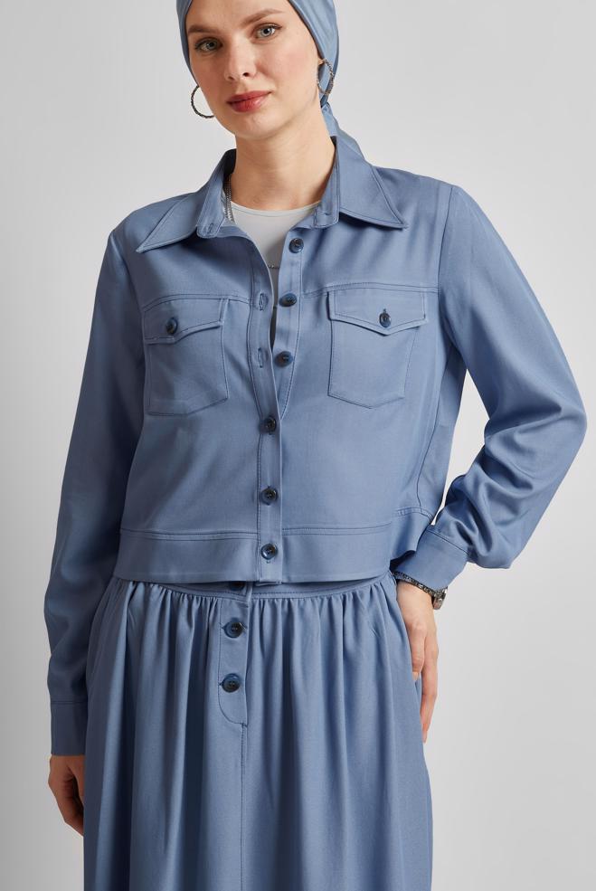 Hijab-Kleidung BLAU ANZUG MIT ROCK UND KNÖPFEN 45564 - ALVİNA