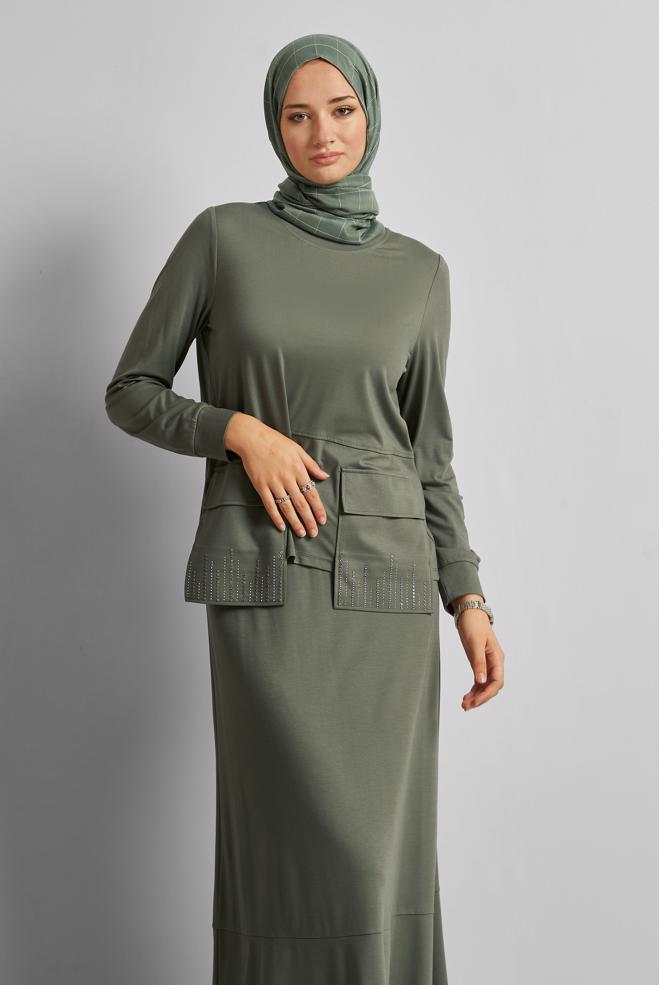 Vêtements hijab KAKI COMBINAISON JUPE AVEC POCHE 45634 - ALVİNA