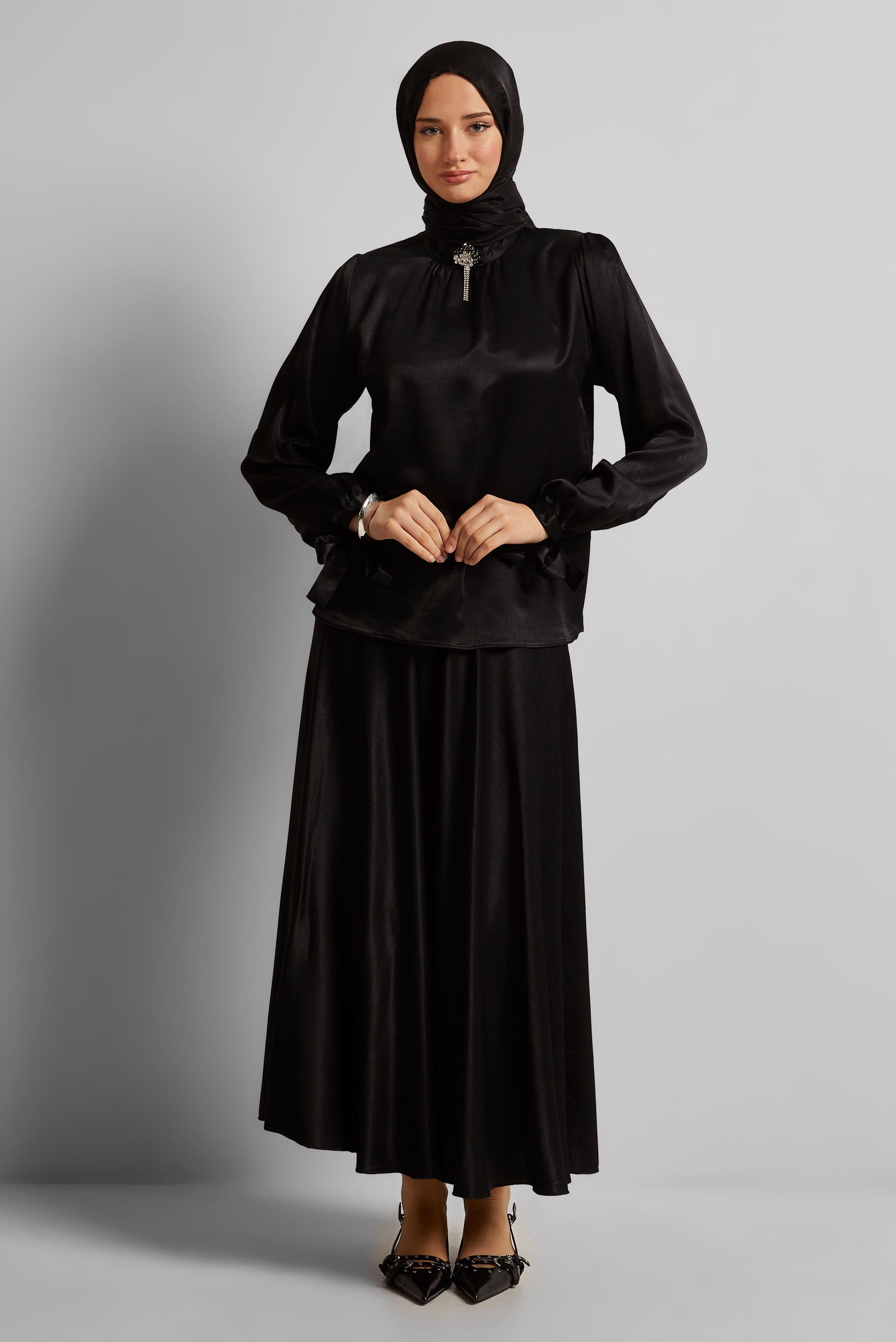Vêtements hijab NOIR COMBINAISON JUPE CEINTURÉE EN SATIN 45706