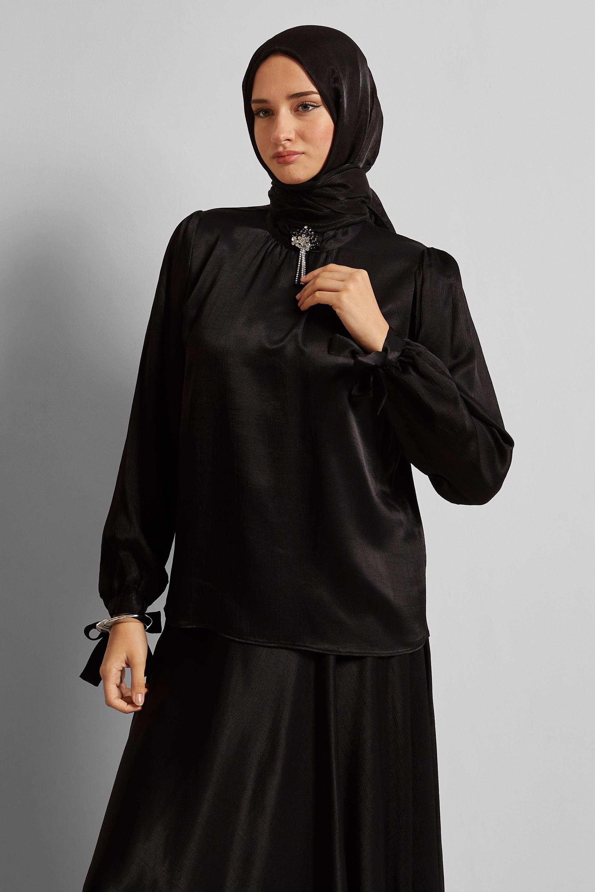 Vêtements hijab NOIR COMBINAISON JUPE CEINTURÉE EN SATIN 45706
