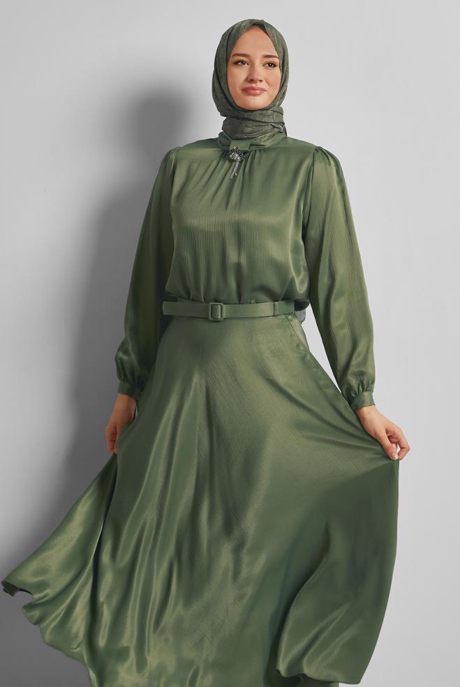 Vêtements hijab KAKI COMBINAISON JUPE CEINTURÉE EN SATIN 45706 - ALVİNA
