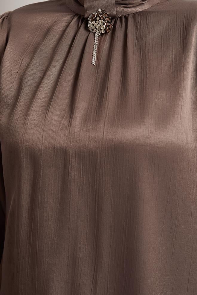 Vêtements hijab BRUN COMBINAISON JUPE CEINTURÉE EN SATIN 45706 - ALVİNA