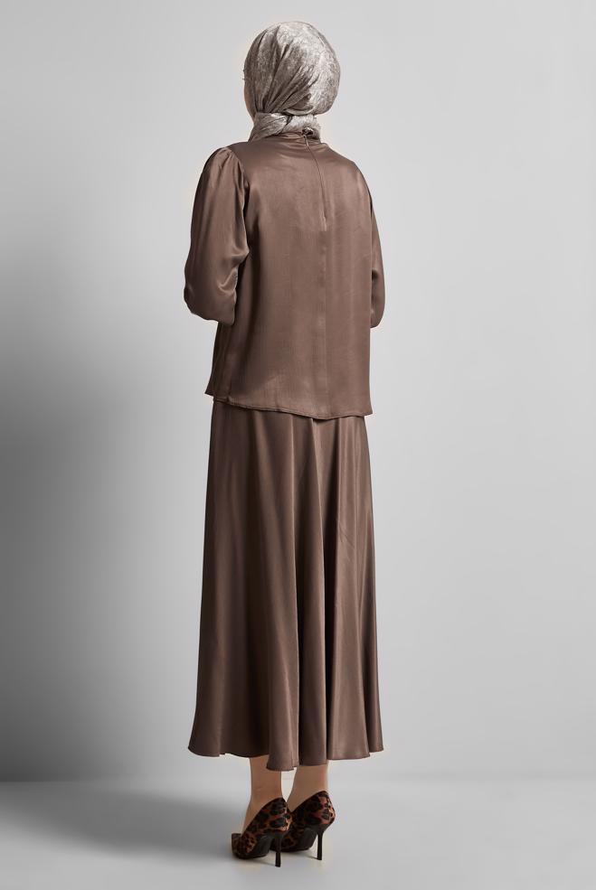 Vêtements hijab BRUN COMBINAISON JUPE CEINTURÉE EN SATIN 45706 - ALVİNA