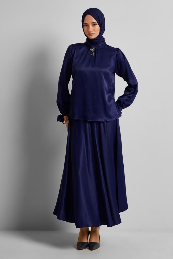 Vêtements hijab BLEU MARINE COMBINAISON JUPE CEINTURÉE EN SATIN 45706 - ALVİNA