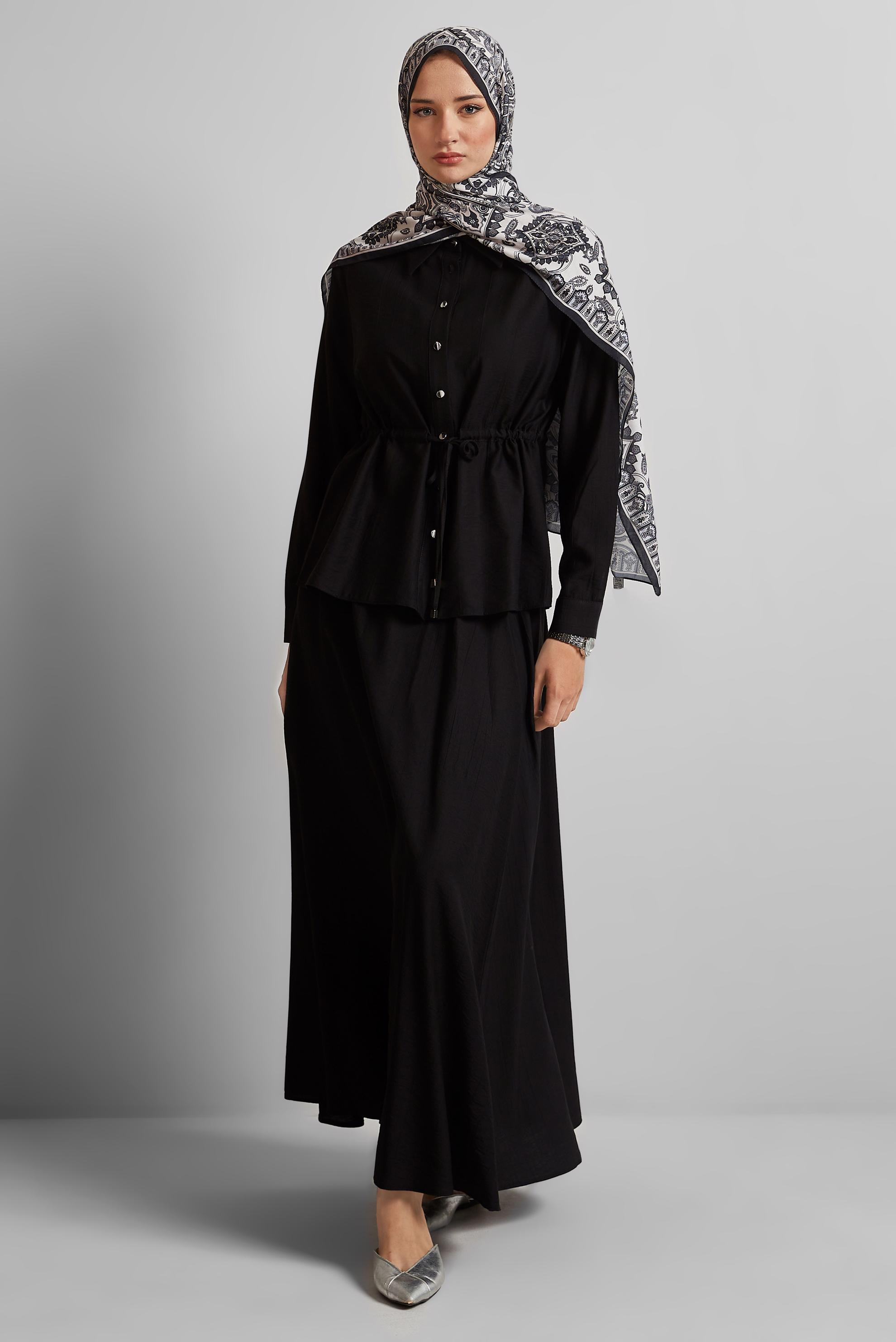 Tesettür giyim SİYAH BELİ BAĞCIKLI ETEKLİ TAKIM 45729