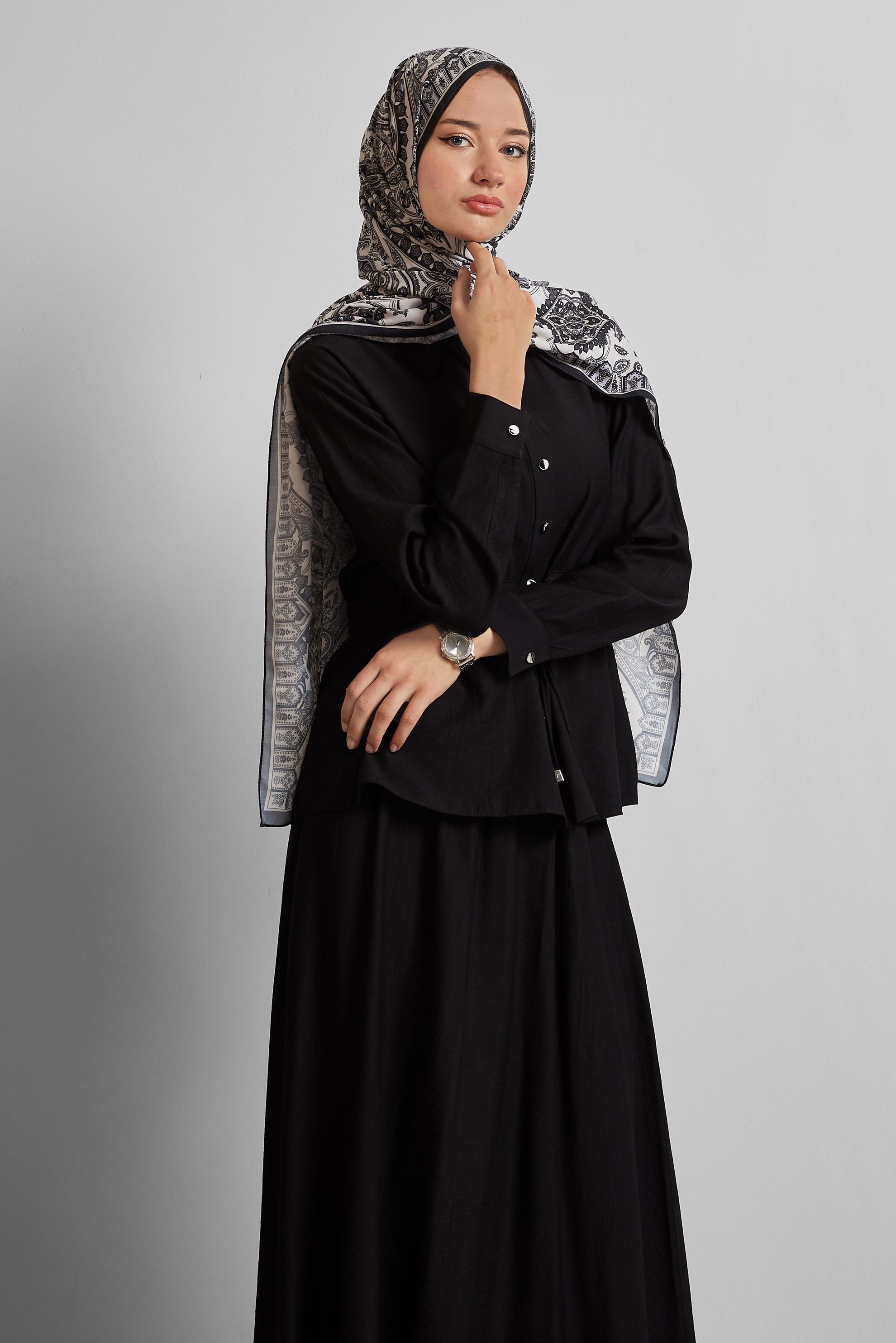 Tesettür giyim SİYAH BELİ BAĞCIKLI ETEKLİ TAKIM 45729