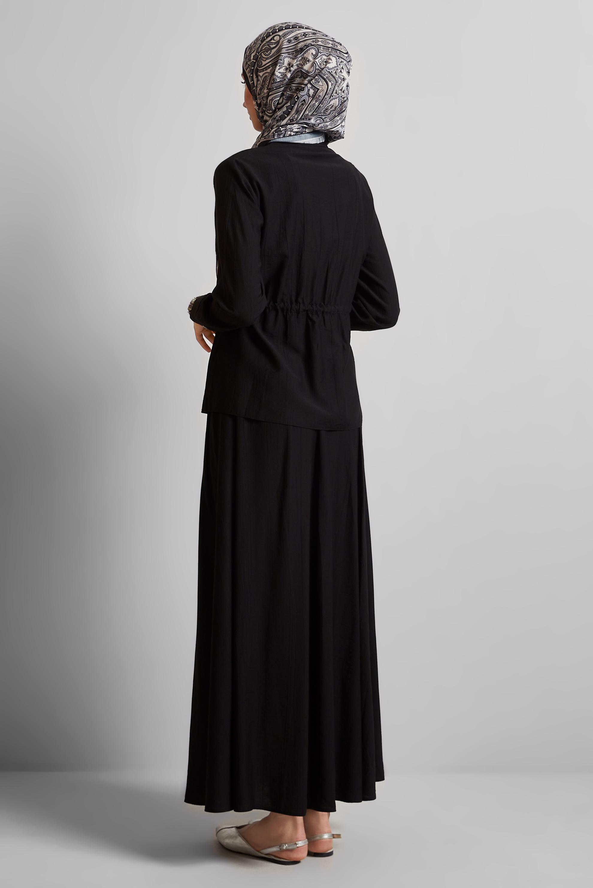 Tesettür giyim SİYAH BELİ BAĞCIKLI ETEKLİ TAKIM 45729
