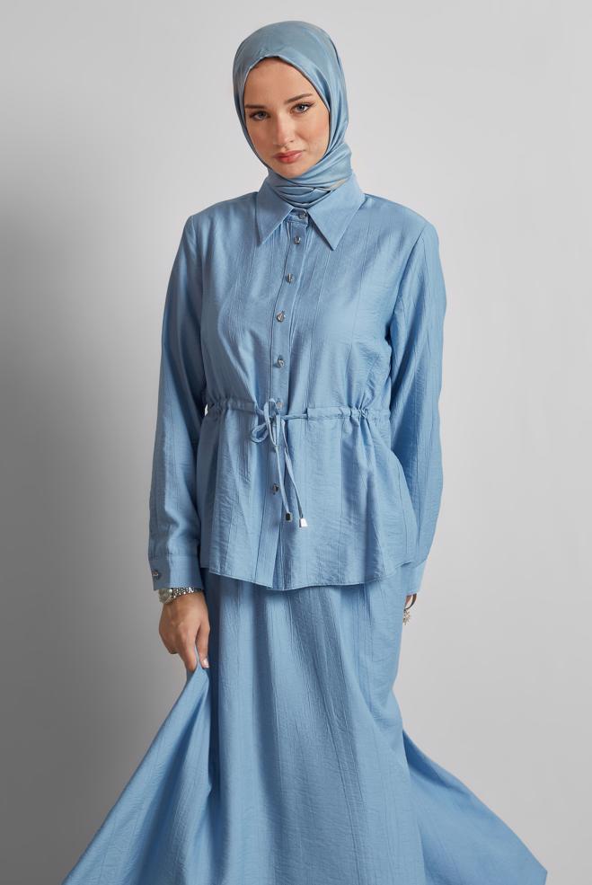 Vêtements hijab BLEU COMBINAISON JUPE TAILLE NOUÉE 45729 - ALVİNA