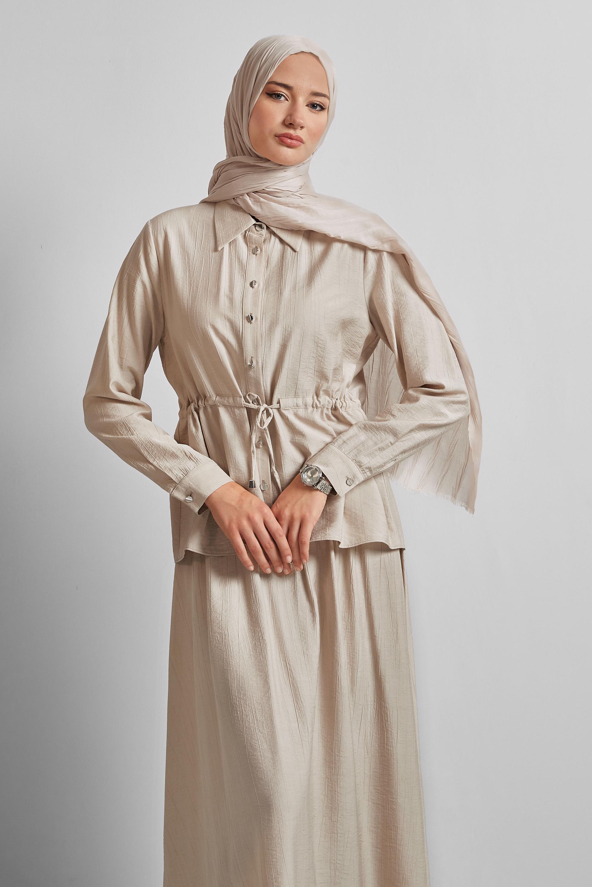 Tesettür giyim BEJ BELİ BAĞCIKLI ETEKLİ TAKIM 45729