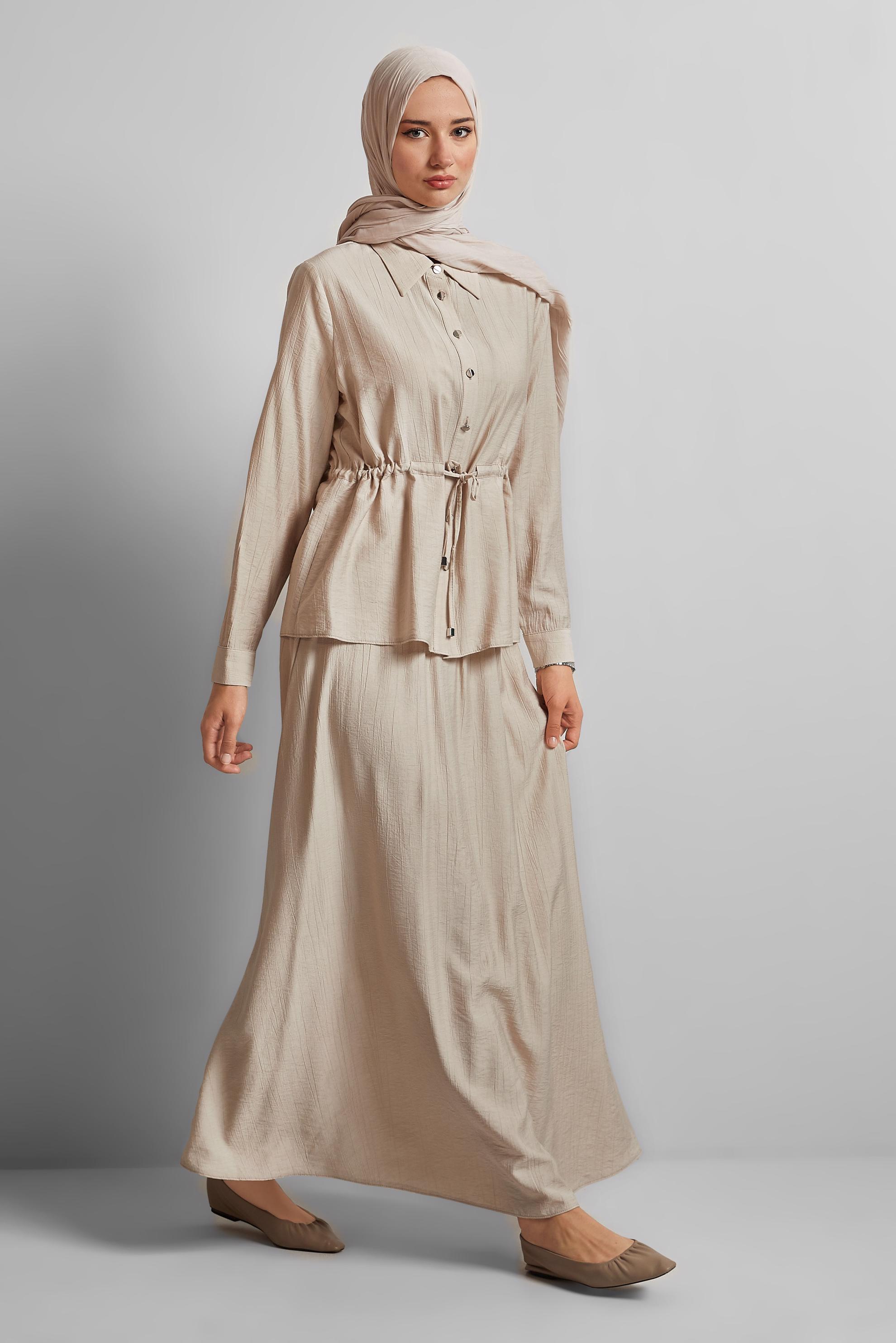 Tesettür giyim BEJ BELİ BAĞCIKLI ETEKLİ TAKIM 45729