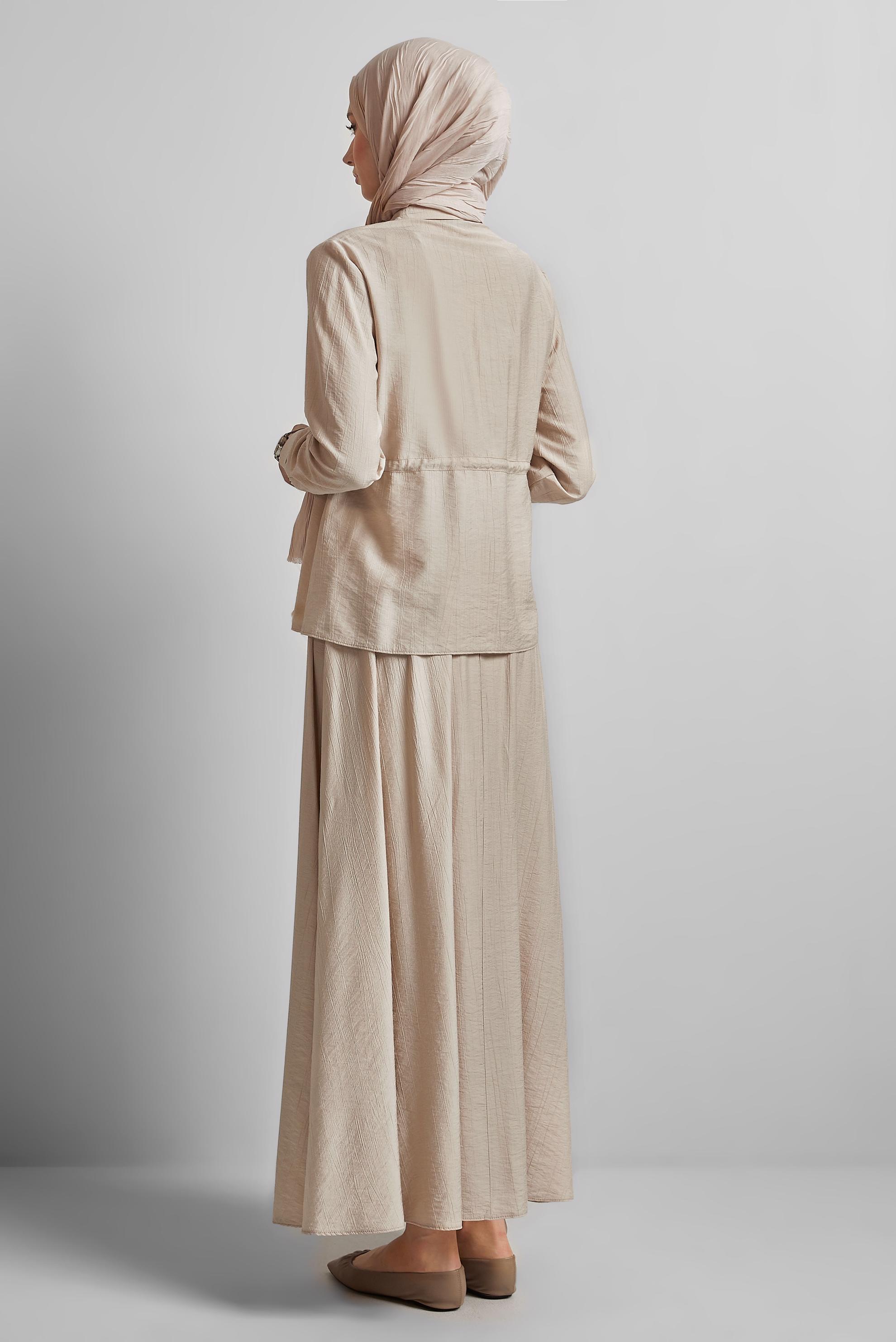 Tesettür giyim BEJ BELİ BAĞCIKLI ETEKLİ TAKIM 45729