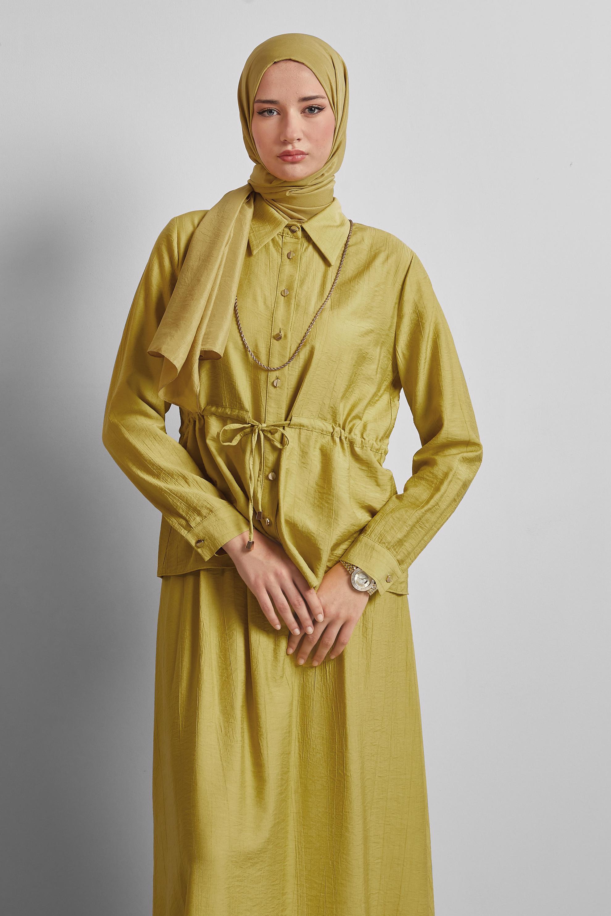 Tesettür giyim YEŞİL BELİ BAĞCIKLI ETEKLİ TAKIM 45729