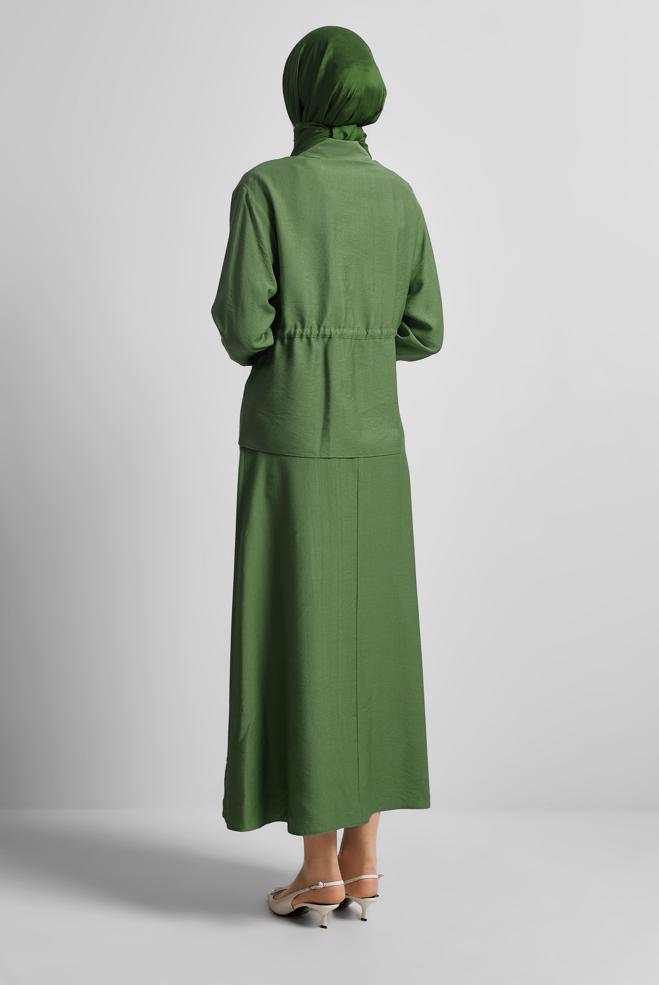 Tesettür giyim HAKİ BELİ BÜZGÜLÜ ETEKLİ TAKIM 45752 - ALVİNA