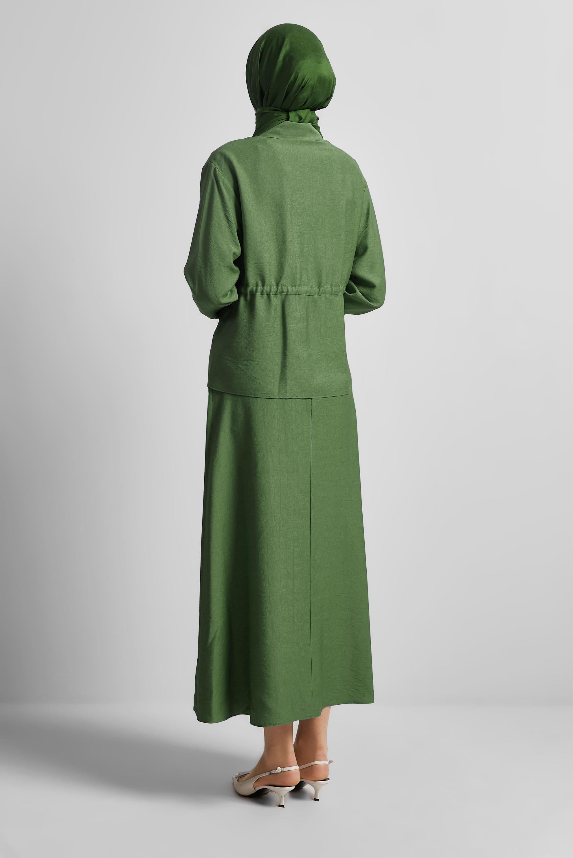 Tesettür giyim HAKİ BELİ BÜZGÜLÜ ETEKLİ TAKIM 45752