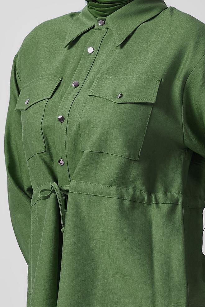 Tesettür giyim HAKİ BELİ BÜZGÜLÜ ETEKLİ TAKIM 45752 - ALVİNA