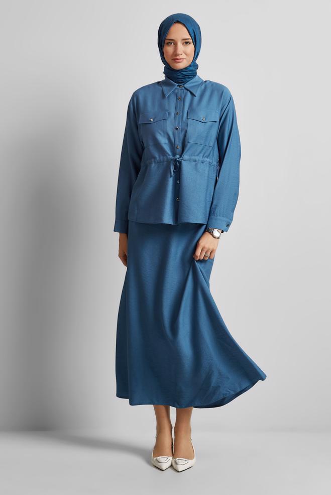 Vêtements hijab BLEU MARINE COMBINAISON JUPE TAILLE SMOCKÉE 45752 - ALVİNA