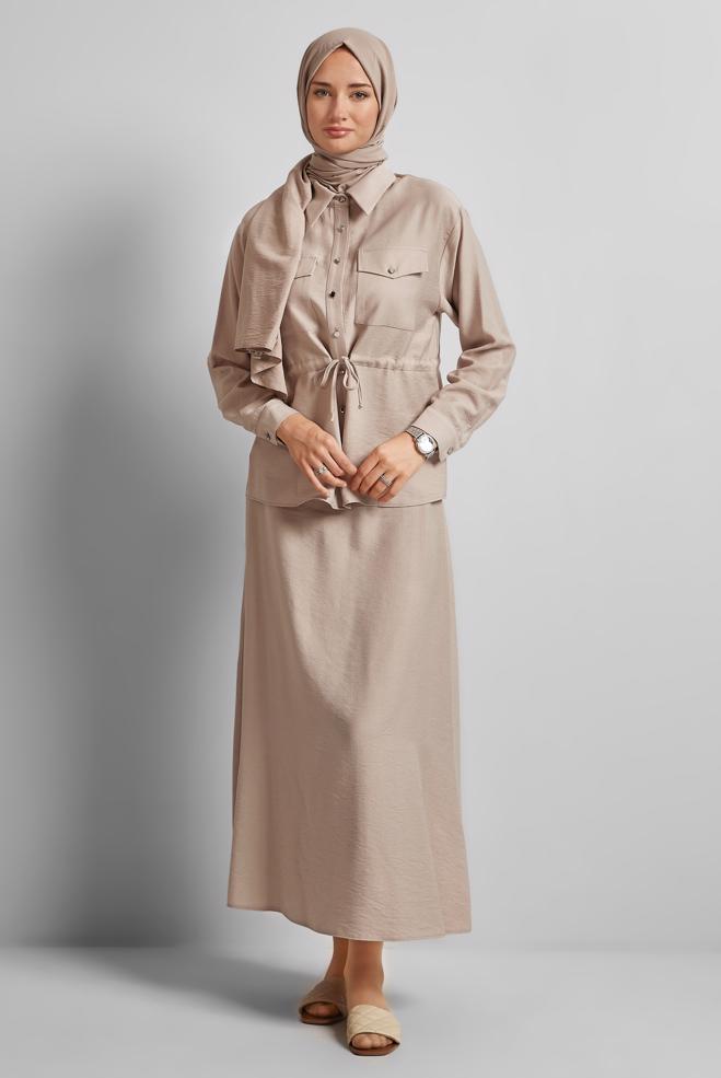 Vêtements hijab SABLE COMBINAISON JUPE TAILLE SMOCKÉE 45752 - ALVİNA