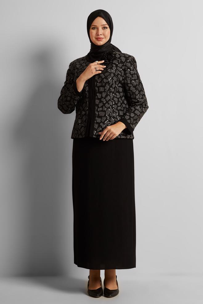 Vêtements hijab NOIR COSTUME AVEC BROCHE 30446 - ALVİNA