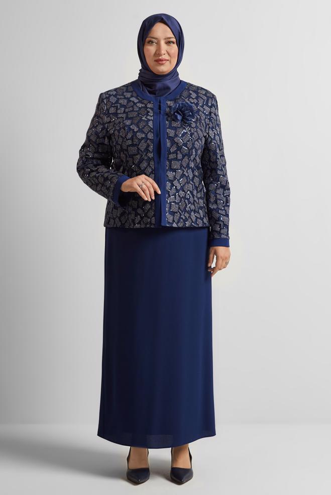 Hijab-Kleidung NAVY BLAU KLEIDERSET MIT BROSCHE 30446 - ALVİNA