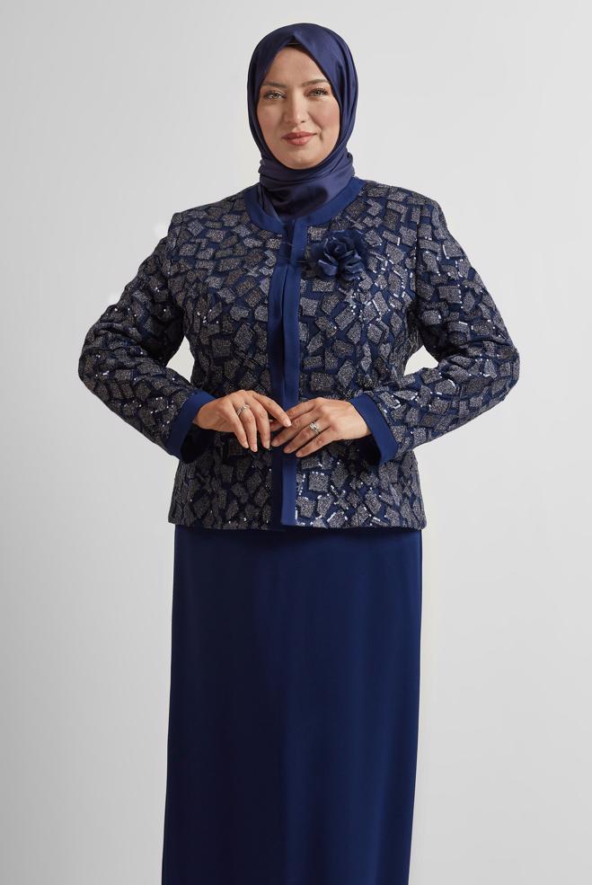 Hijab-Kleidung NAVY BLAU KLEIDERSET MIT BROSCHE 30446 - ALVİNA