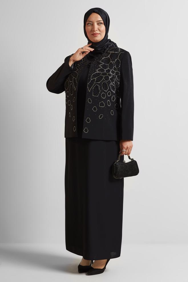 Tesettür giyim SİYAH İŞLEMELİ BÜYÜK BEDEN ELBİSELİ TAKIM 30526 - ALVİNA