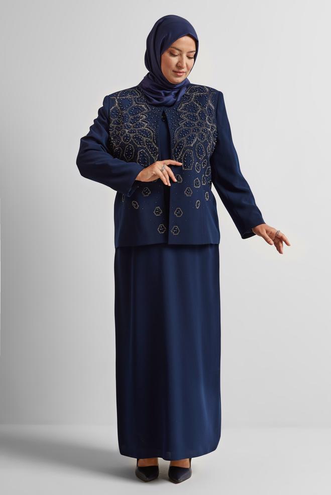 Tesettür giyim LACİVERT İŞLEMELİ BÜYÜK BEDEN ELBİSELİ TAKIM 30526 - ALVİNA