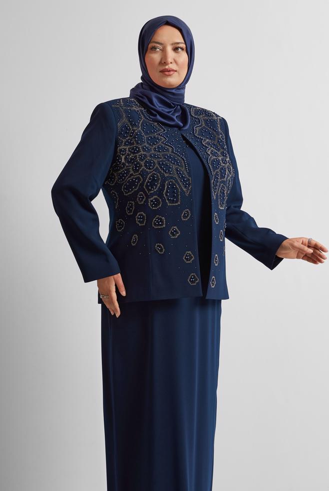 Tesettür giyim LACİVERT İŞLEMELİ BÜYÜK BEDEN ELBİSELİ TAKIM 30526 - ALVİNA