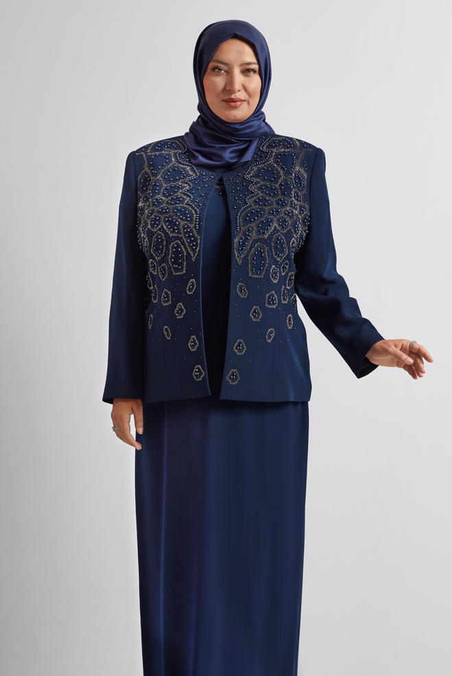 Tesettür giyim LACİVERT İŞLEMELİ BÜYÜK BEDEN ELBİSELİ TAKIM 30526 - ALVİNA