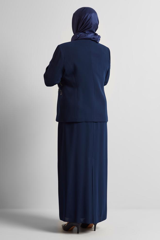 Tesettür giyim LACİVERT İŞLEMELİ BÜYÜK BEDEN ELBİSELİ TAKIM 30526 - ALVİNA