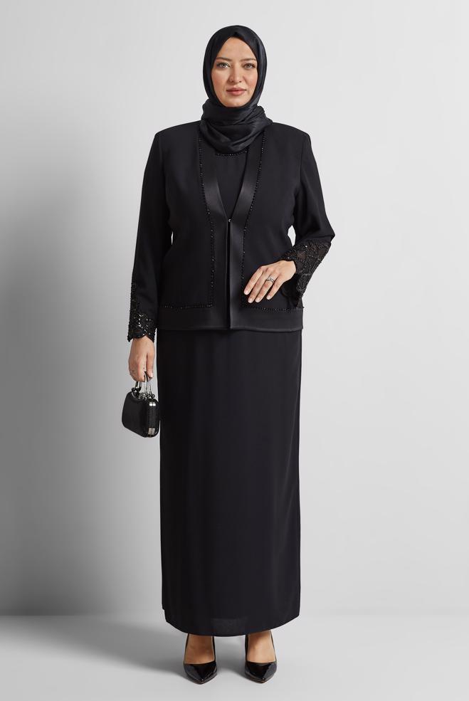 Hijab-Kleidung SCHWARZ ANZUG MIT EDELSTEINDETAIL 30529 - ALVİNA