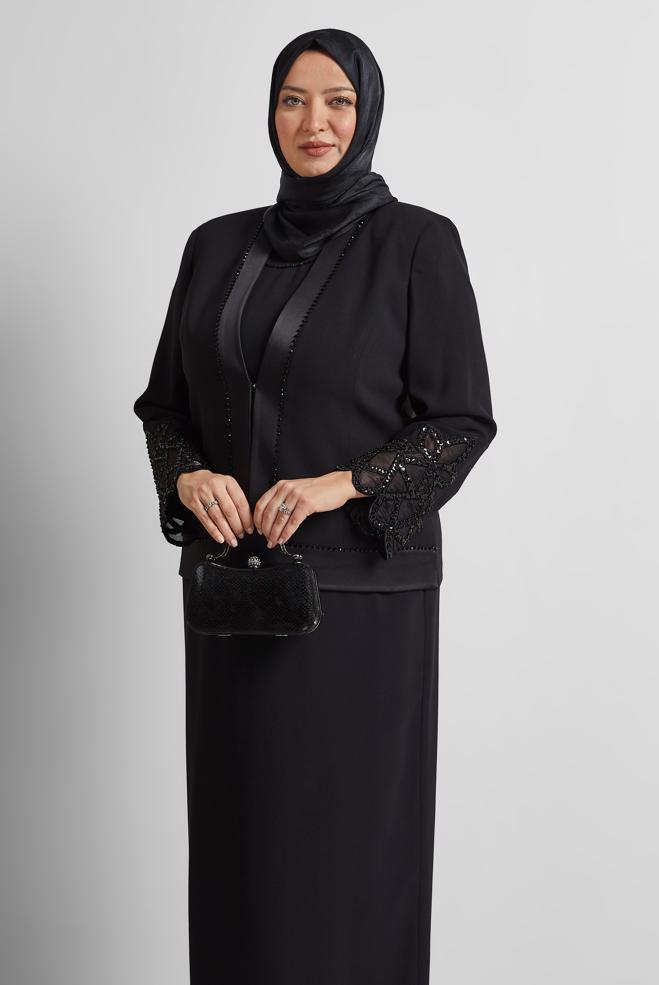 Hijab-Kleidung SCHWARZ ANZUG MIT EDELSTEINDETAIL 30529 - ALVİNA