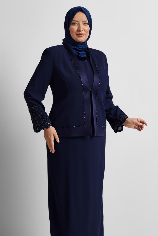 Vêtements hijab BLEU MARINE COSTUME AVEC DÉTAIL DE PIERRES PRÉCIEUSES 30529 - ALVİNA