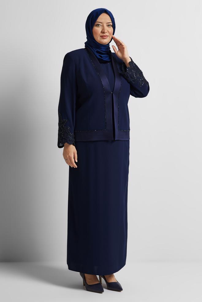 Vêtements hijab BLEU MARINE COSTUME AVEC DÉTAIL DE PIERRES PRÉCIEUSES 30529 - ALVİNA