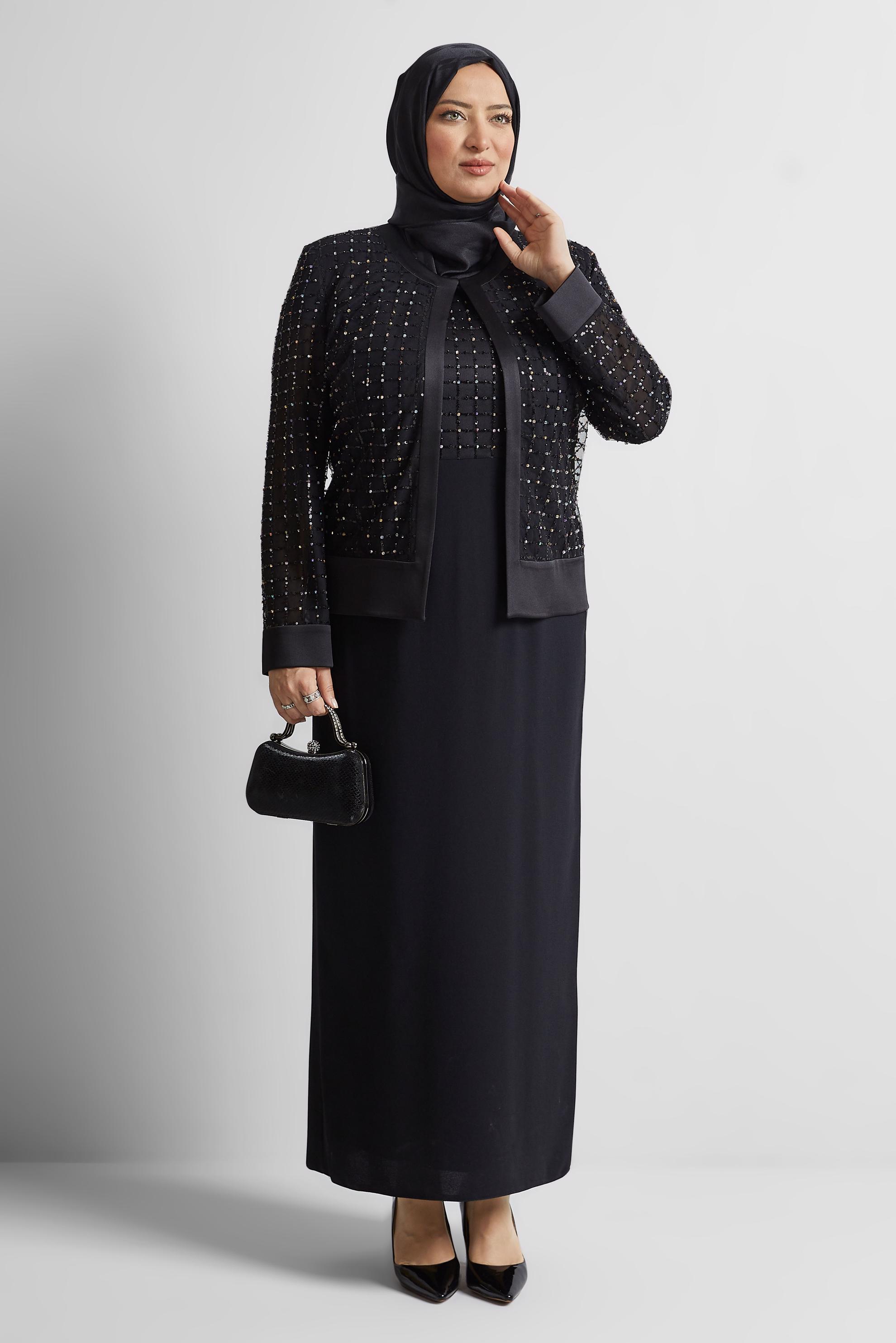Tesettür giyim SİYAH TAŞLI BÜYÜK BEDEN ELBİSELİ TAKIM 30530